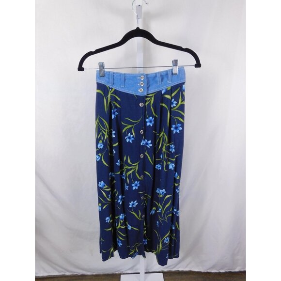Capacity Skirt Womens Medium Blue Floral Button Front Chambray Waist Boho Midi - Picture 1 of 12